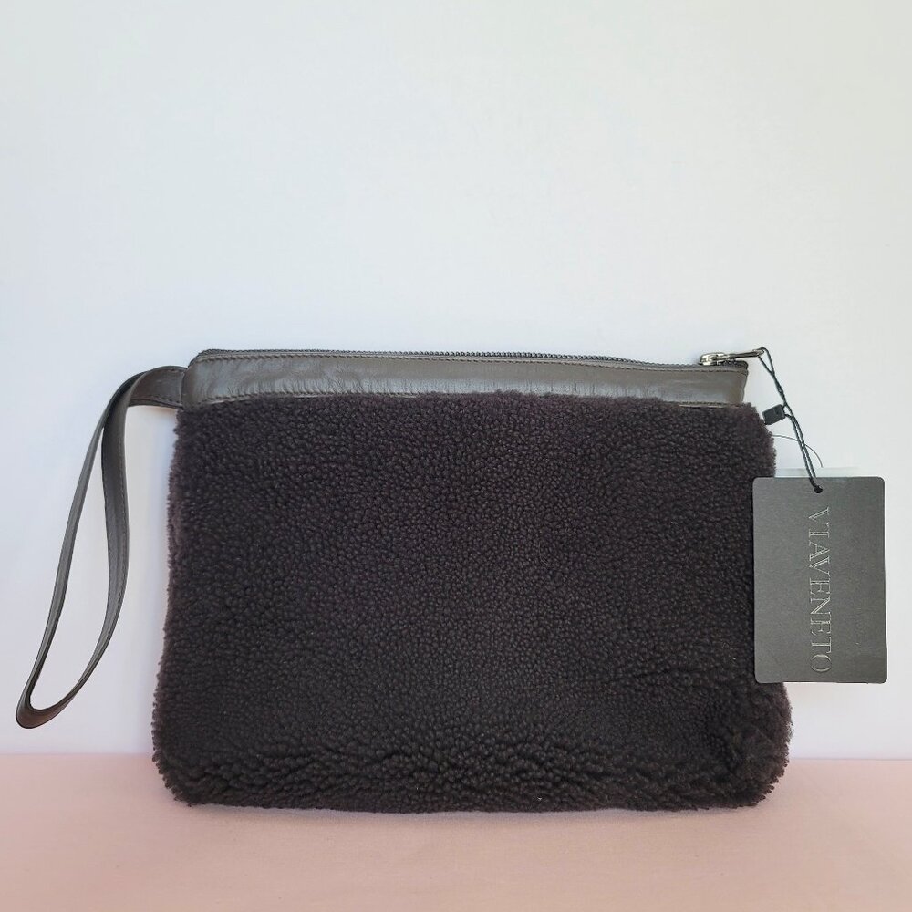 VIAVENETO Delilah Curly Lambskin Shearling Large Pouch/Wristlet- Chocolate Brown